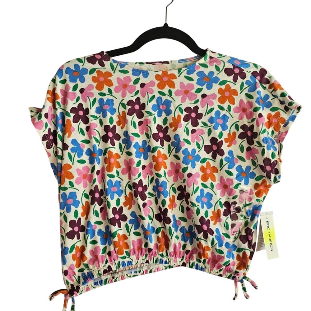 Girls Medium 10 To 12 Short Sleeve Top Flower Pattern Epic Threads NWT